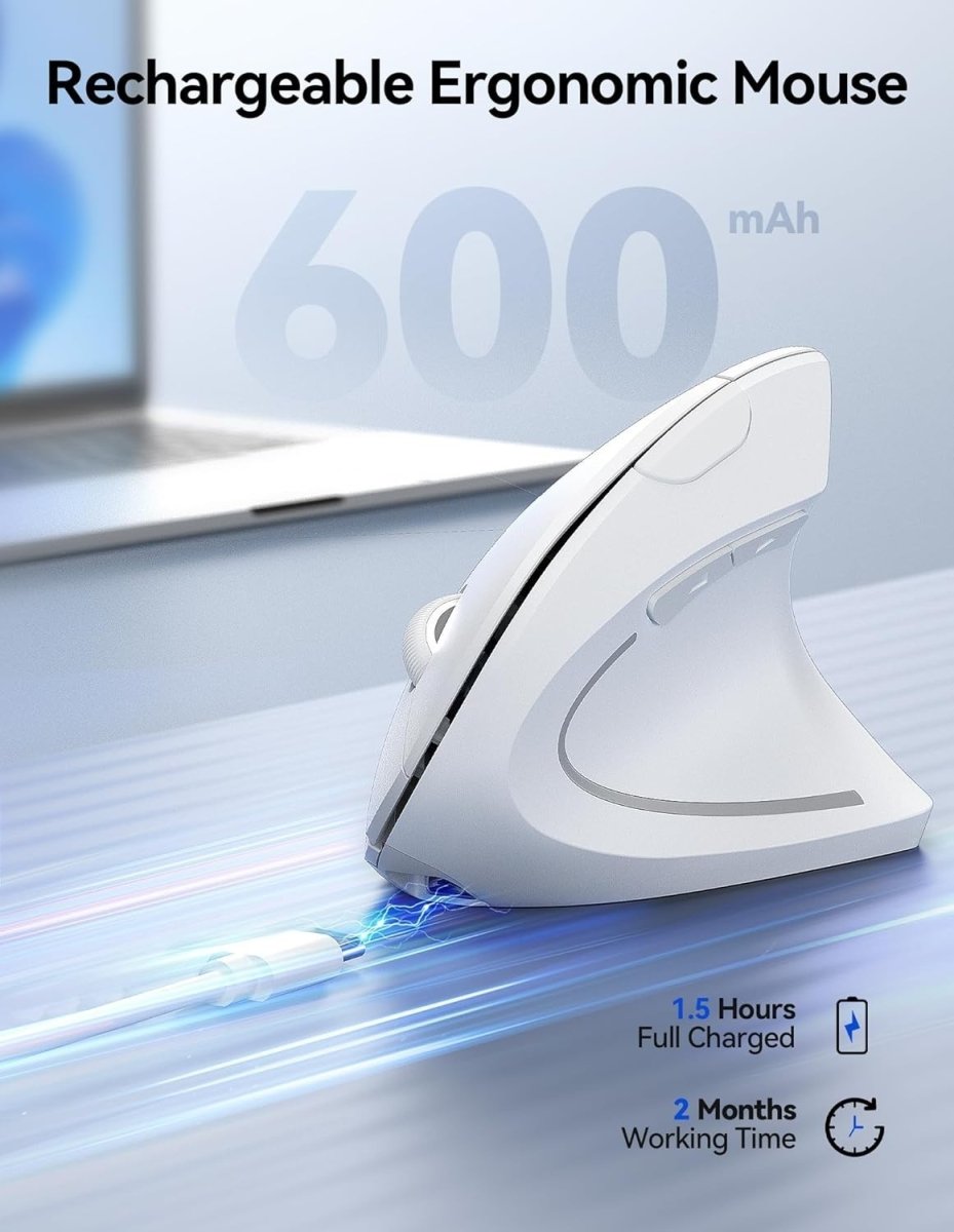 Vertical Ergonomic Wireless Mouse 4800 DPI Silent Rechargeable White - Kwikley