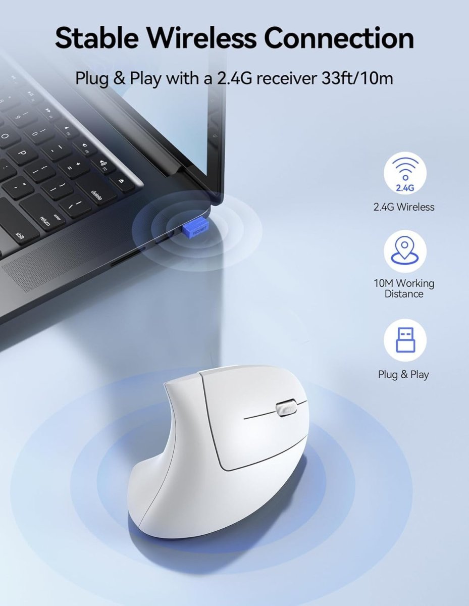 Vertical Ergonomic Wireless Mouse 4800 DPI Silent Rechargeable White - Kwikley