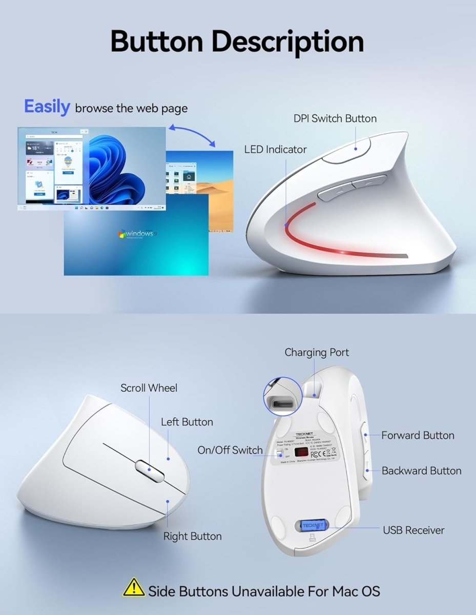Vertical Ergonomic Wireless Mouse 4800 DPI Silent Rechargeable White - Kwikley