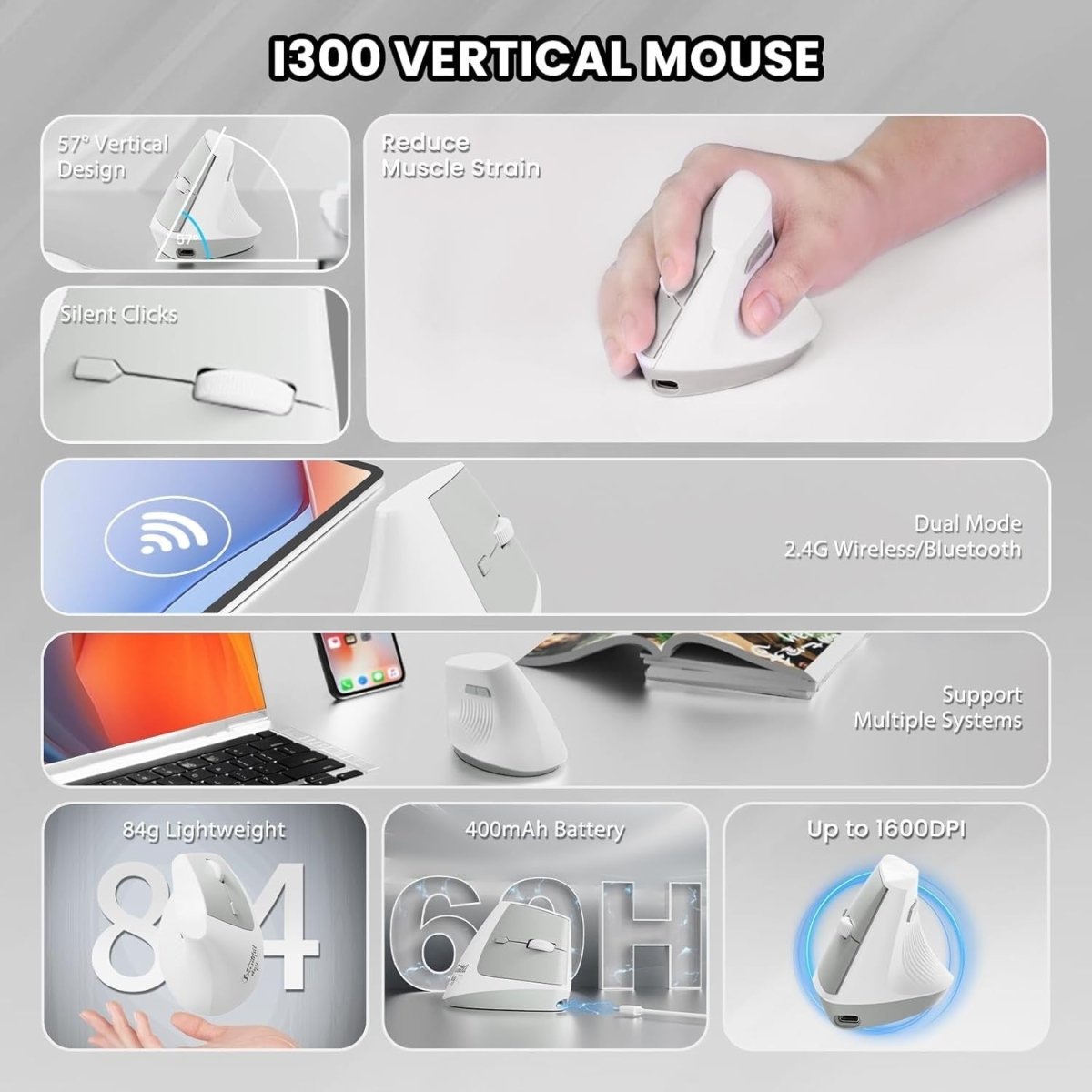 Vertical Ergonomic Wireless Mouse 57° Silent 1600 DPI White - Kwikley