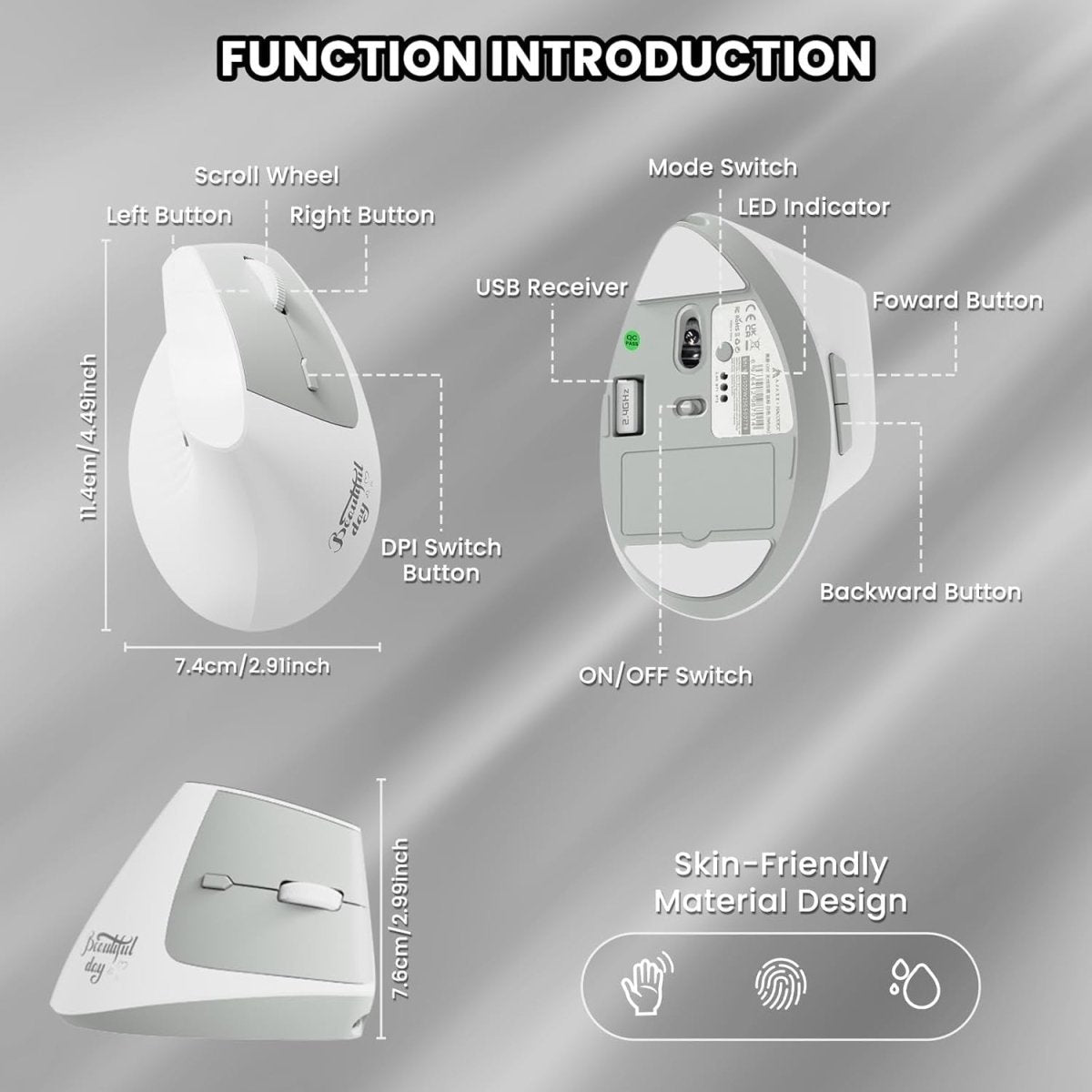 Vertical Ergonomic Wireless Mouse 57° Silent 1600 DPI White - Kwikley