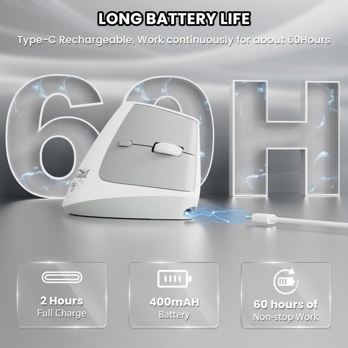 Vertical Ergonomic Wireless Mouse 57° Silent 1600 DPI White - Kwikley