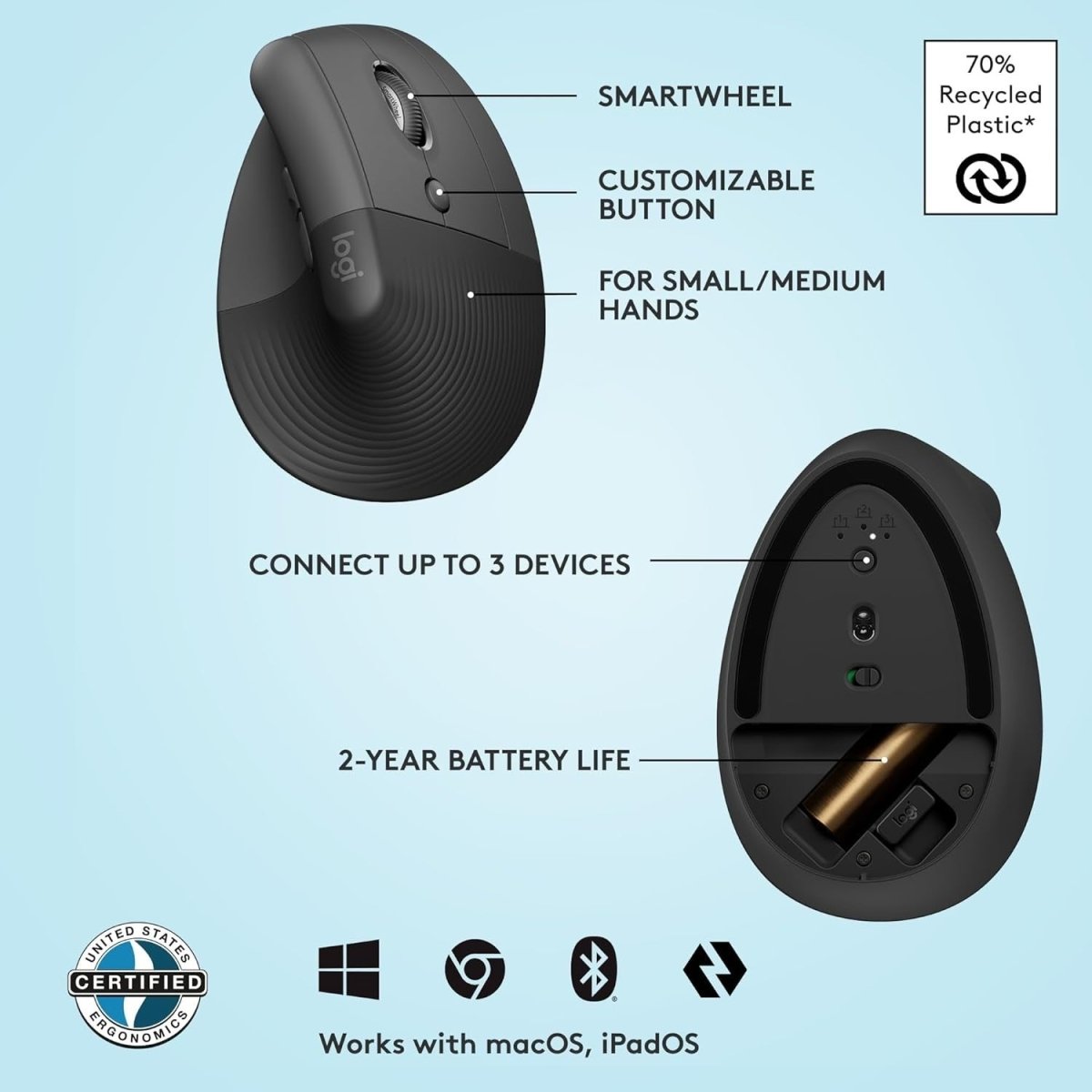 Vertical Ergonomic Wireless Mouse Bluetooth Quiet 4 Buttons Graphite - Kwikley
