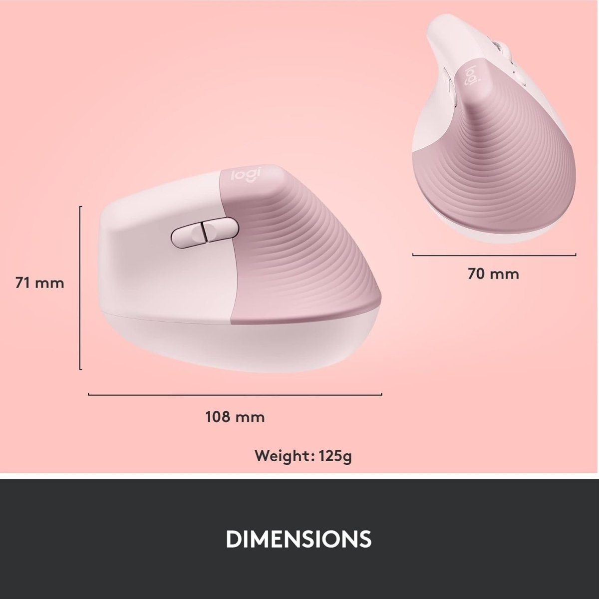 Vertical Ergonomic Wireless Mouse Bluetooth Quiet 4 Buttons Pink - Kwikley