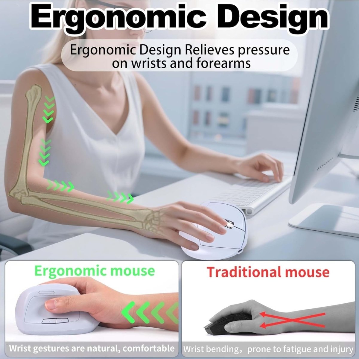 Vertical Ergonomic Wireless Mouse Bluetooth Silent Rechargeable 7 Buttons - Kwikley