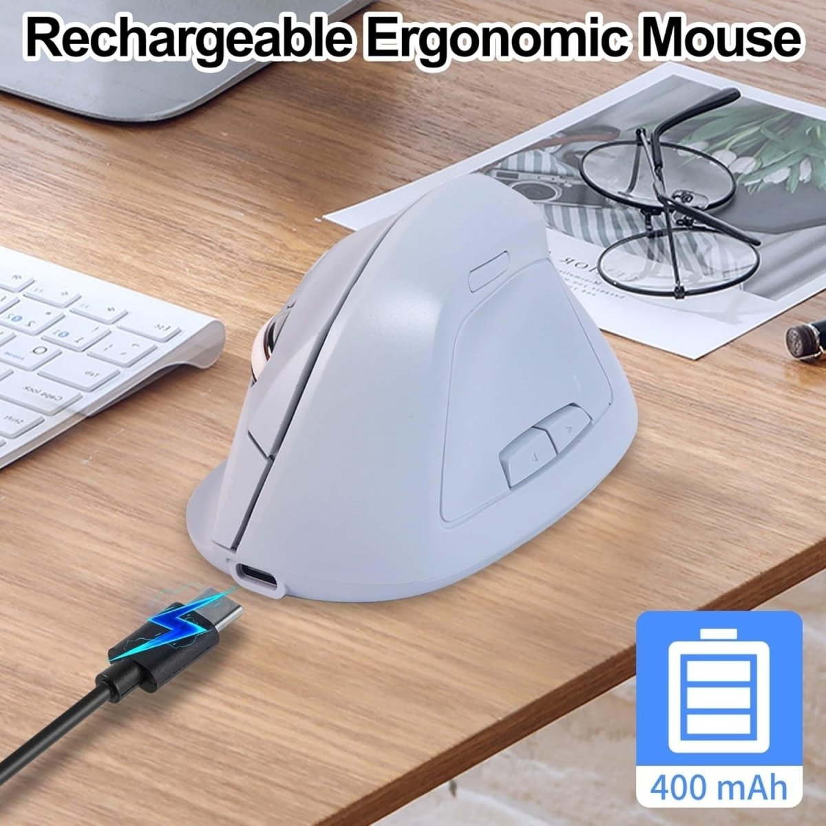 Vertical Ergonomic Wireless Mouse Bluetooth Silent Rechargeable 7 Buttons - Kwikley