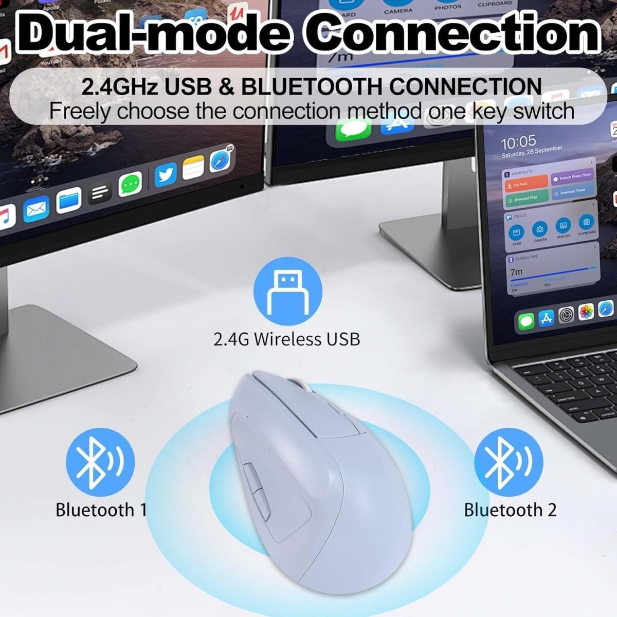 Vertical Ergonomic Wireless Mouse Bluetooth Silent Rechargeable 7 Buttons - Kwikley