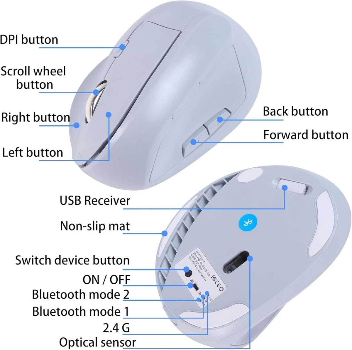 Vertical Ergonomic Wireless Mouse Bluetooth Silent Rechargeable 7 Buttons - Kwikley
