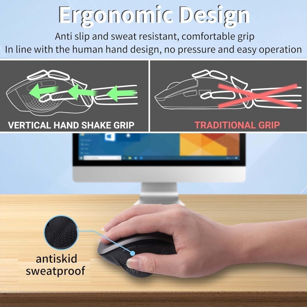 Vertical Ergonomic Wireless Mouse Dual Mode Silent 1600 DPI - Kwikley