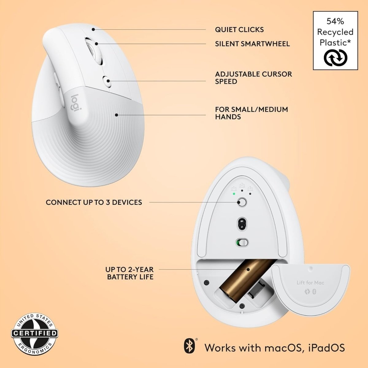 Vertical Ergonomic Wireless Mouse for Mac Bluetooth Silent White - Kwikley