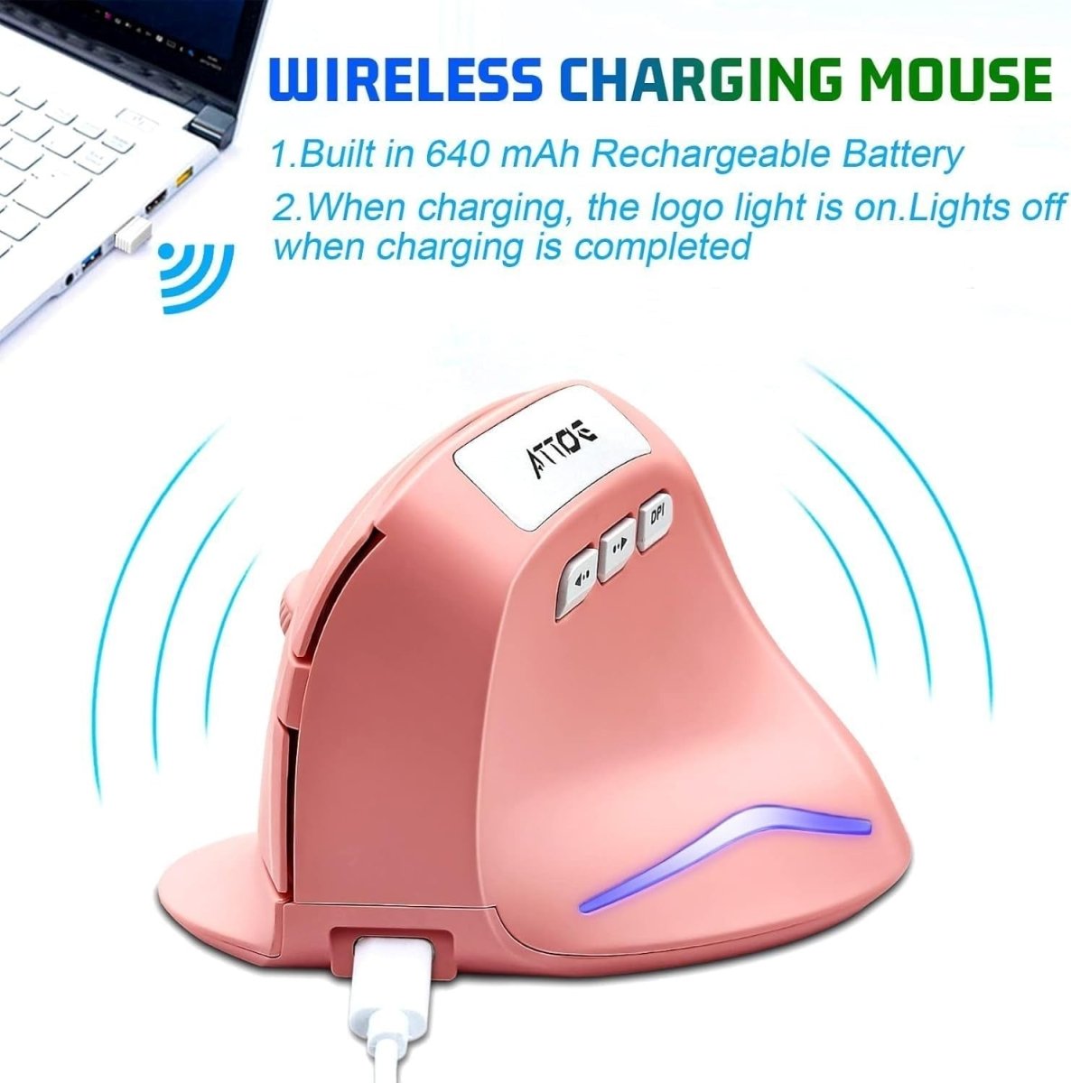 Vertical Ergonomic Wireless Mouse Rechargeable 2400 DPI Pink - Kwikley