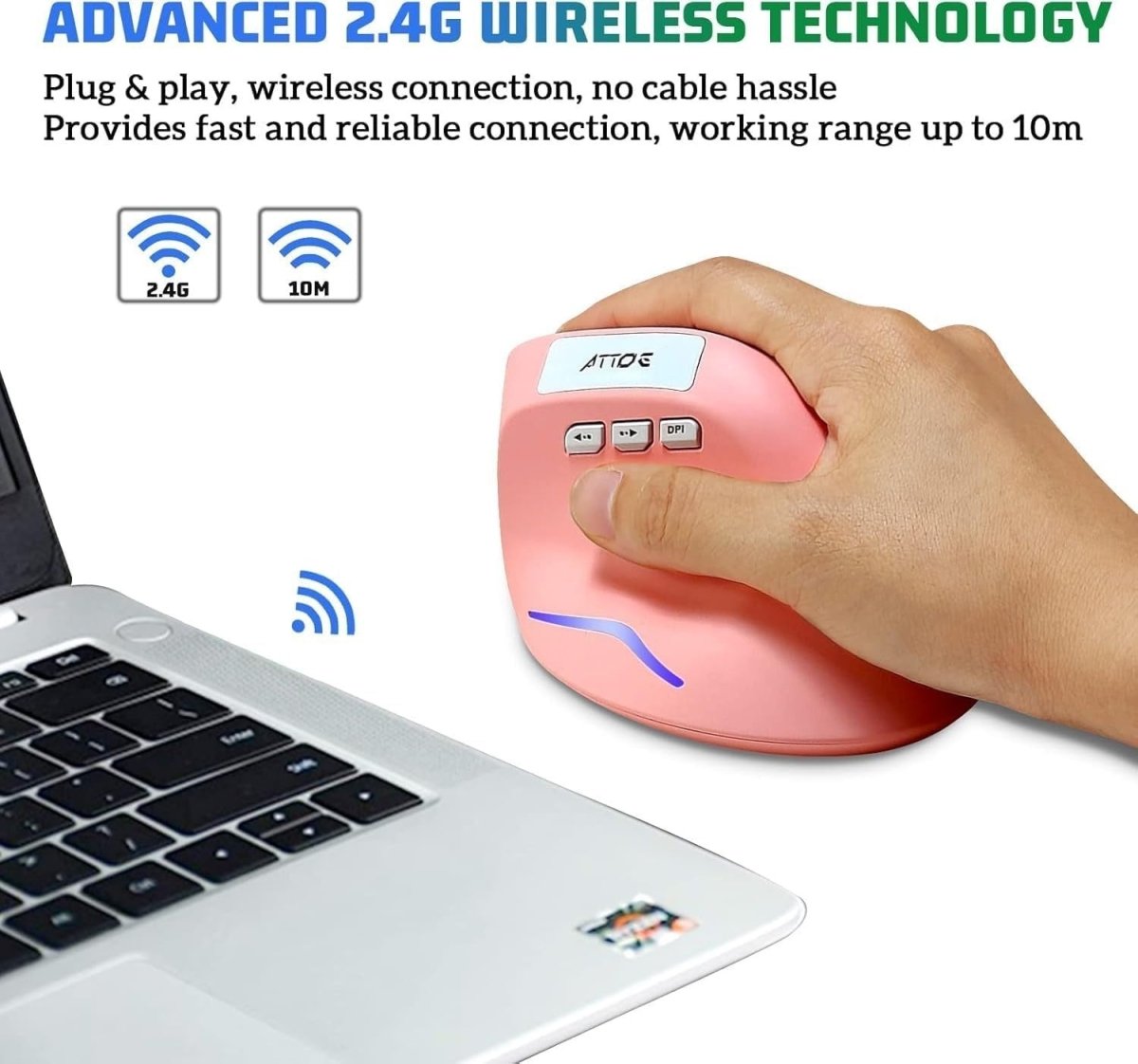Vertical Ergonomic Wireless Mouse Rechargeable 2400 DPI Pink - Kwikley