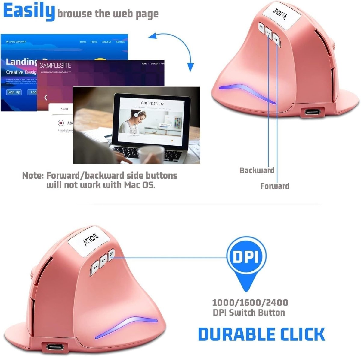 Vertical Ergonomic Wireless Mouse Rechargeable 2400 DPI Pink - Kwikley