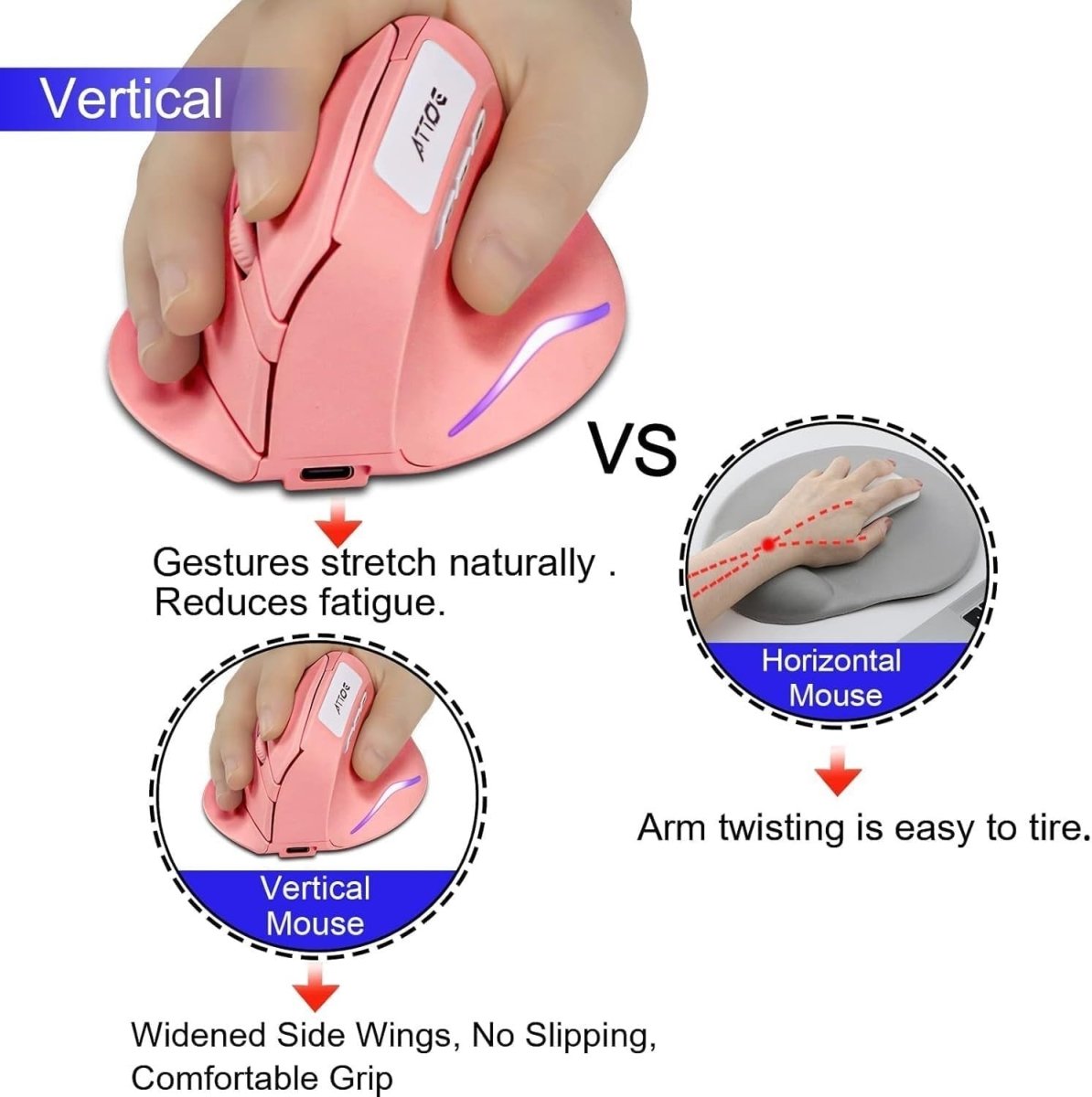 Vertical Ergonomic Wireless Mouse Rechargeable 2400 DPI Pink - Kwikley