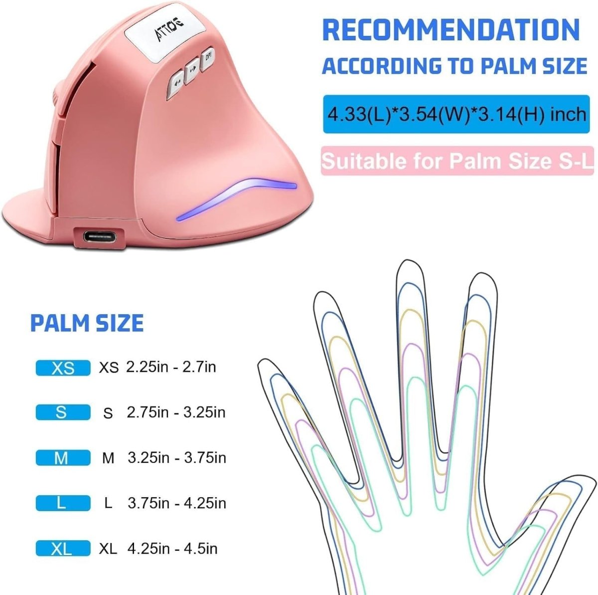 Vertical Ergonomic Wireless Mouse Rechargeable 2400 DPI Pink - Kwikley