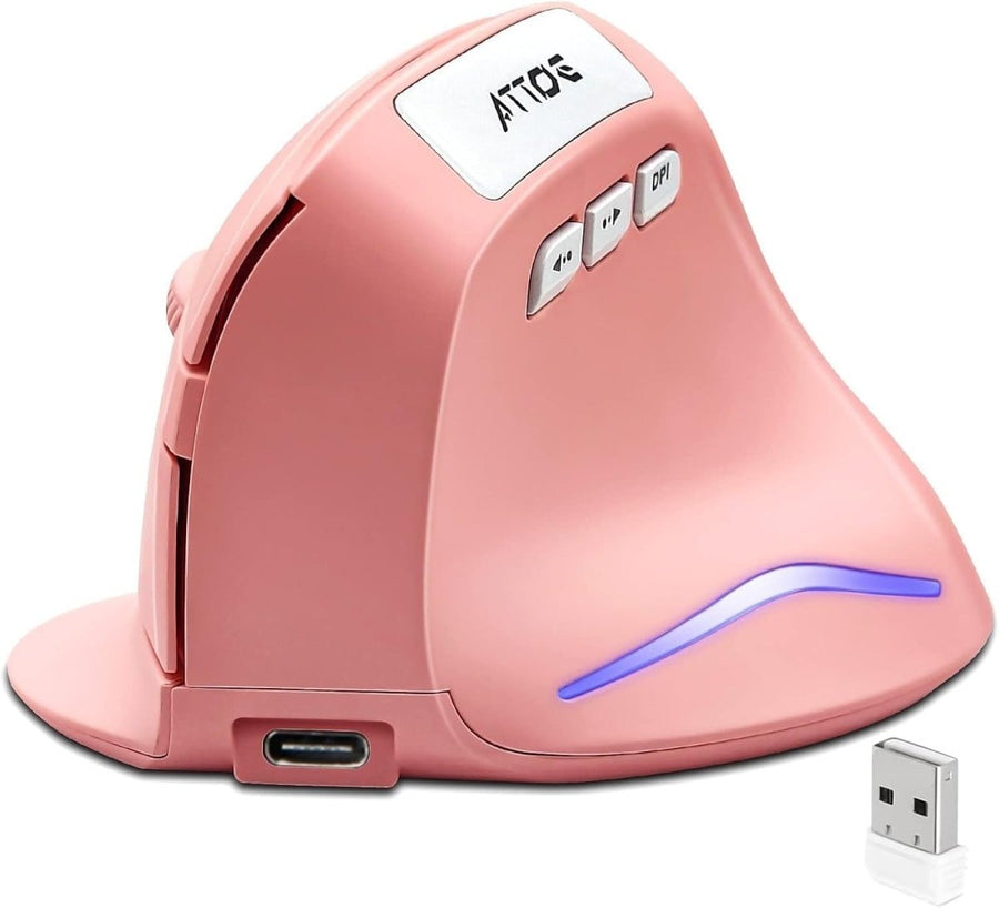Vertical Ergonomic Wireless Mouse Rechargeable 2400 DPI Pink - Kwikley