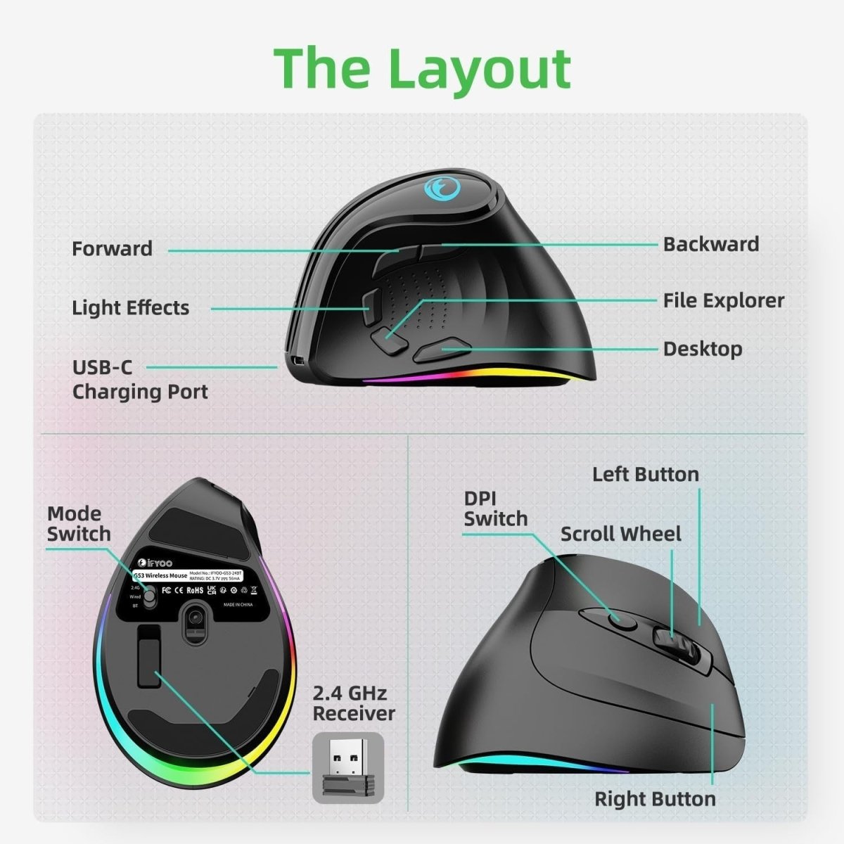 Vertical Ergonomic Wireless Mouse RGB 8400 DPI Tri - Mode Rechargeable - Kwikley