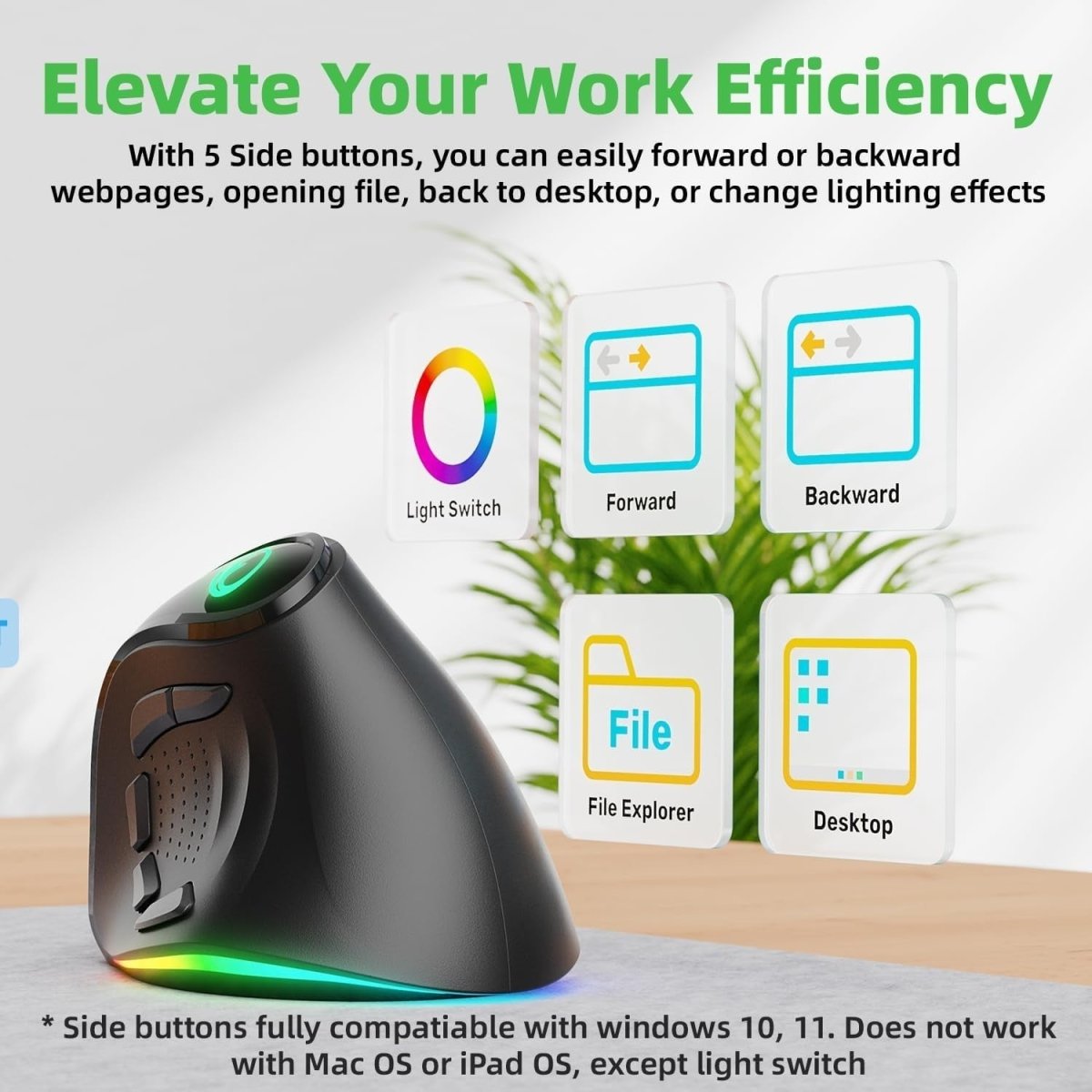 Vertical Ergonomic Wireless Mouse RGB 8400 DPI Tri - Mode Rechargeable - Kwikley