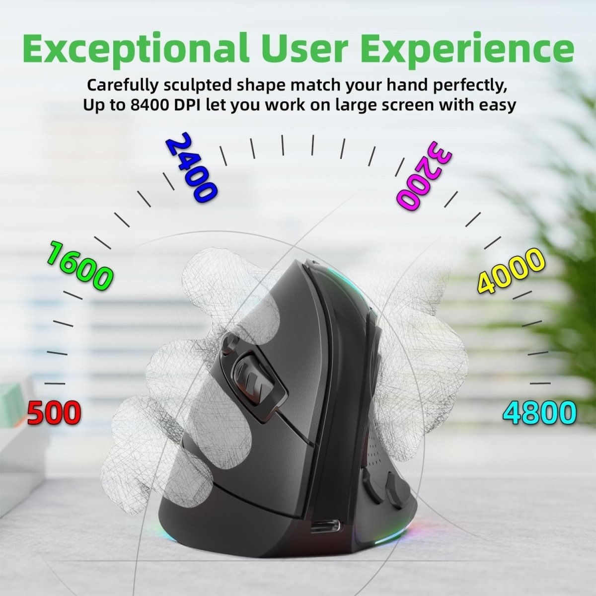 Vertical Ergonomic Wireless Mouse RGB 8400 DPI Tri - Mode Rechargeable - Kwikley