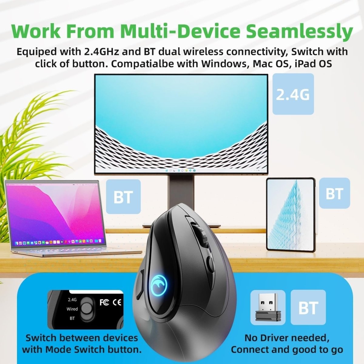 Vertical Ergonomic Wireless Mouse RGB 8400 DPI Tri - Mode Rechargeable - Kwikley