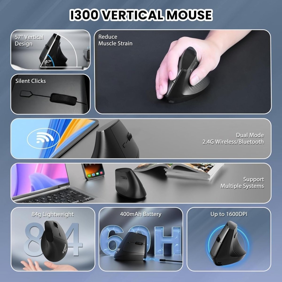 Vertical Ergonomic Wireless Mouse Silent 1600 DPI Rechargeable - Kwikley