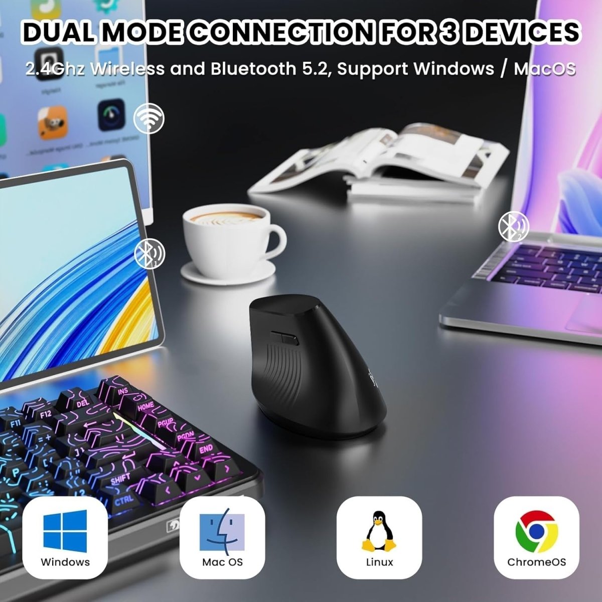 Vertical Ergonomic Wireless Mouse Silent 1600 DPI Rechargeable - Kwikley