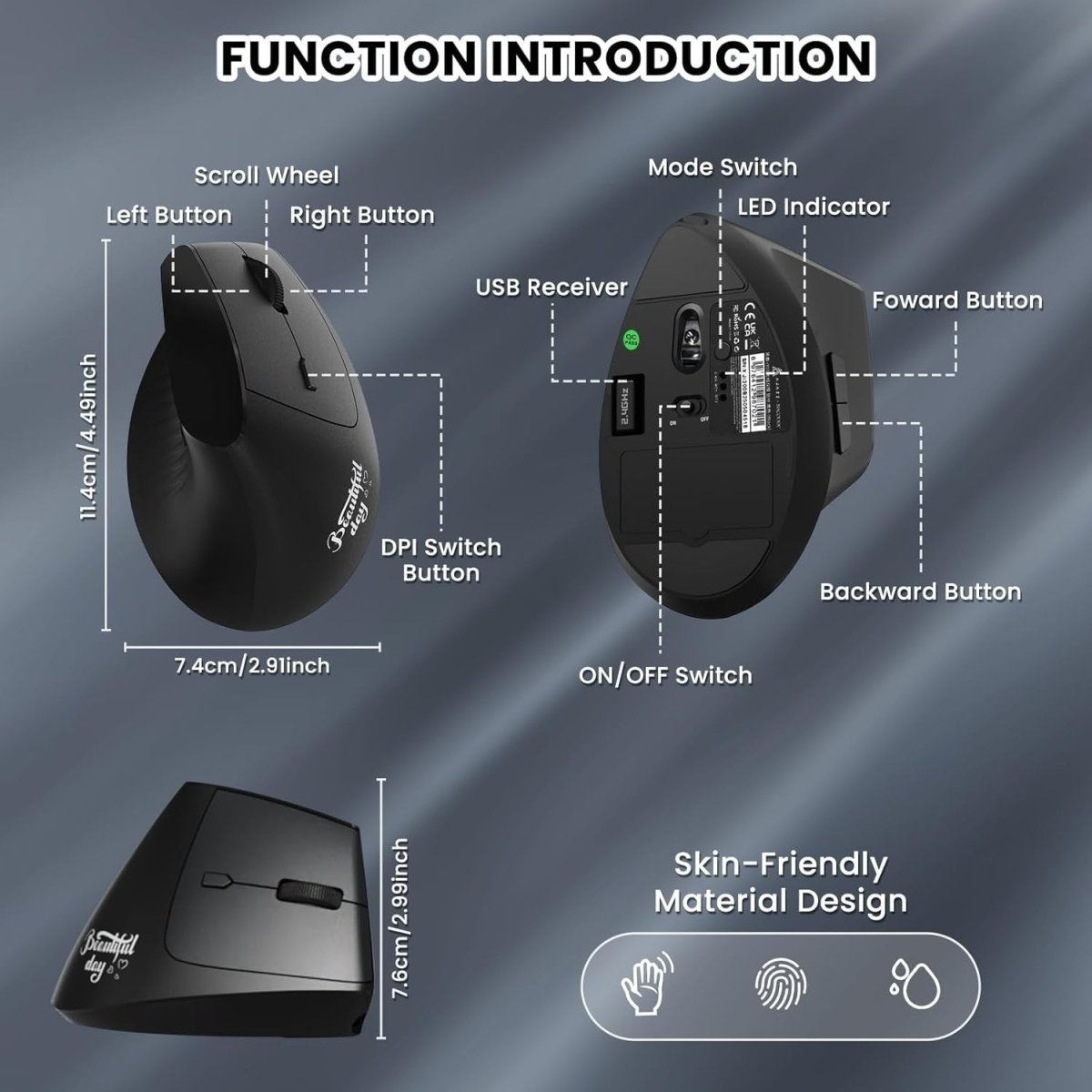 Vertical Ergonomic Wireless Mouse Silent 1600 DPI Rechargeable - Kwikley