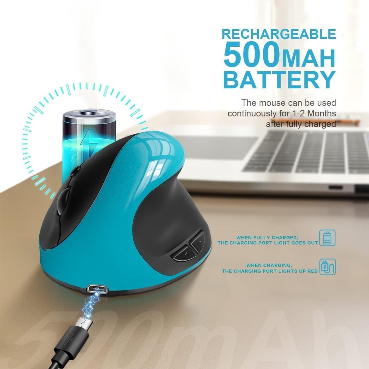 Vertical Ergonomic Wireless Mouse USB C Rechargeable 1600 DPI - Kwikley