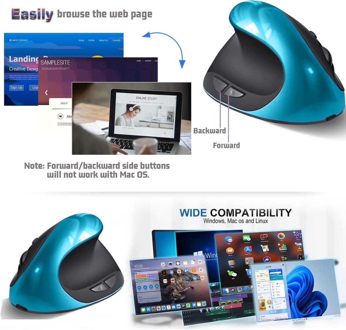Vertical Ergonomic Wireless Mouse USB C Rechargeable 1600 DPI - Kwikley