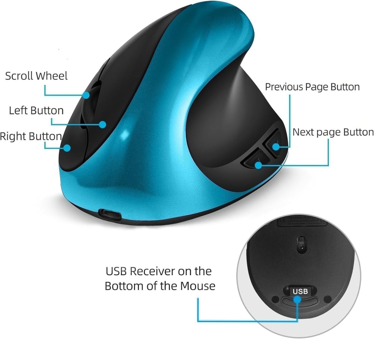 Vertical Ergonomic Wireless Mouse USB C Rechargeable 1600 DPI - Kwikley