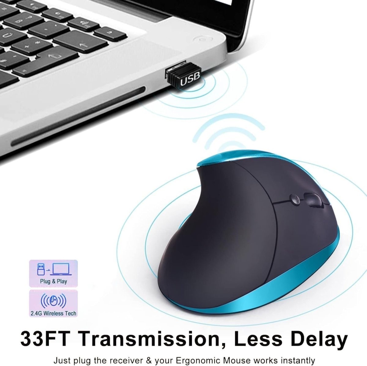 Vertical Ergonomic Wireless Mouse USB C Rechargeable 1600 DPI - Kwikley