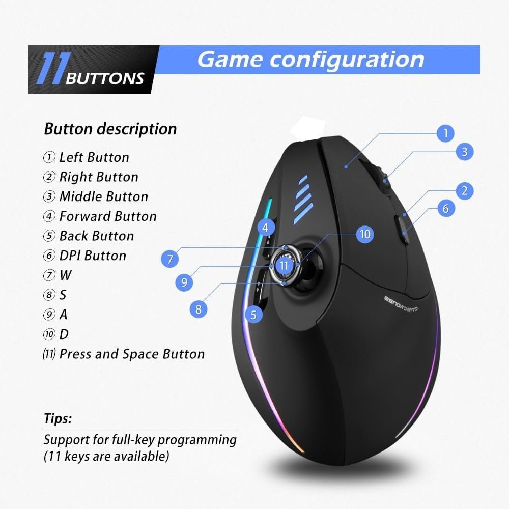 Vertical Gaming Mouse 24000 DPI Bluetooth RGB 11 Programmable - Kwikley