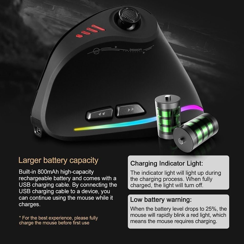 Vertical Gaming Mouse 24000 DPI Bluetooth RGB 11 Programmable - Kwikley