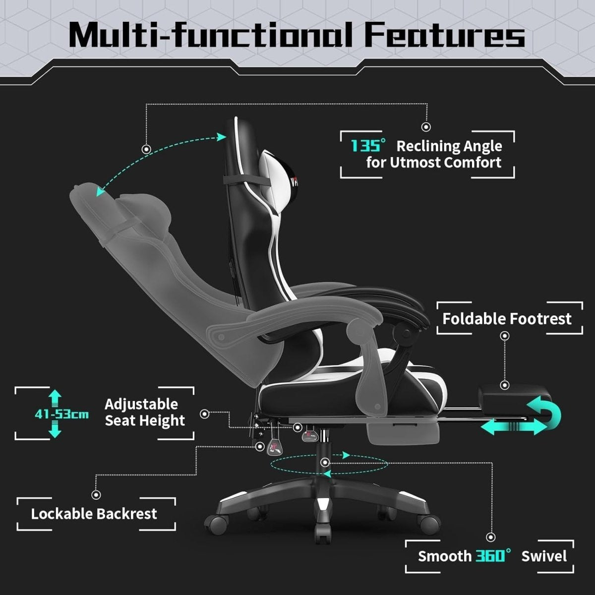 Vfalcon XTREME Gaming Chair White Reclining Office Chair with Footrest - Kwikley
