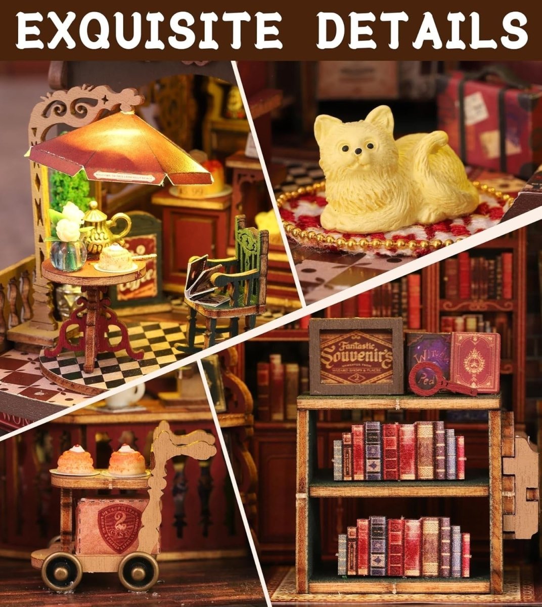 Victorian Bookshop Miniature House Kit DIY Wooden Puzzle LED Book Nook - Kwikley