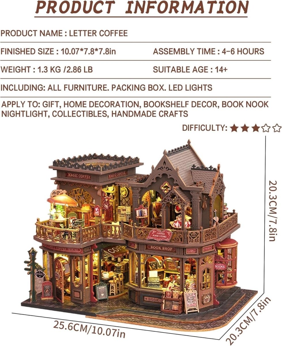 Victorian Bookshop Miniature House Kit DIY Wooden Puzzle LED Book Nook - Kwikley