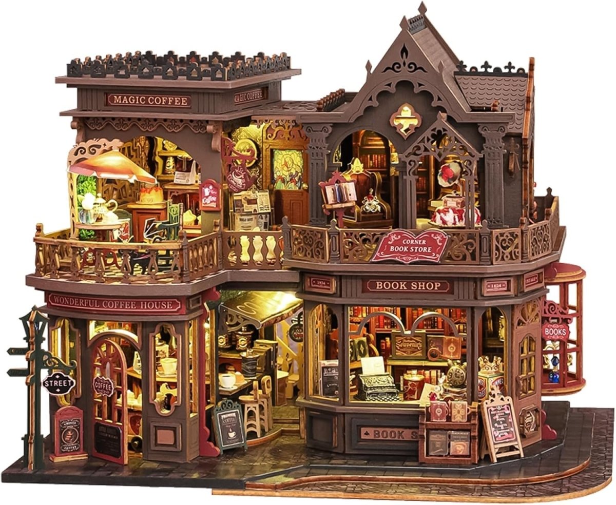 Victorian Bookshop Miniature House Kit DIY Wooden Puzzle LED Book Nook - Kwikley