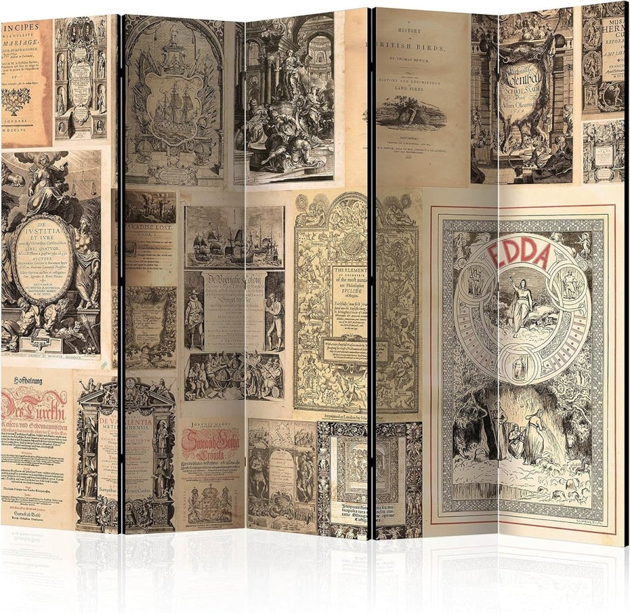 Vintage Book Print 5 - Panel Folding Room Divider – Large Double - Sided Screen - Kwikley