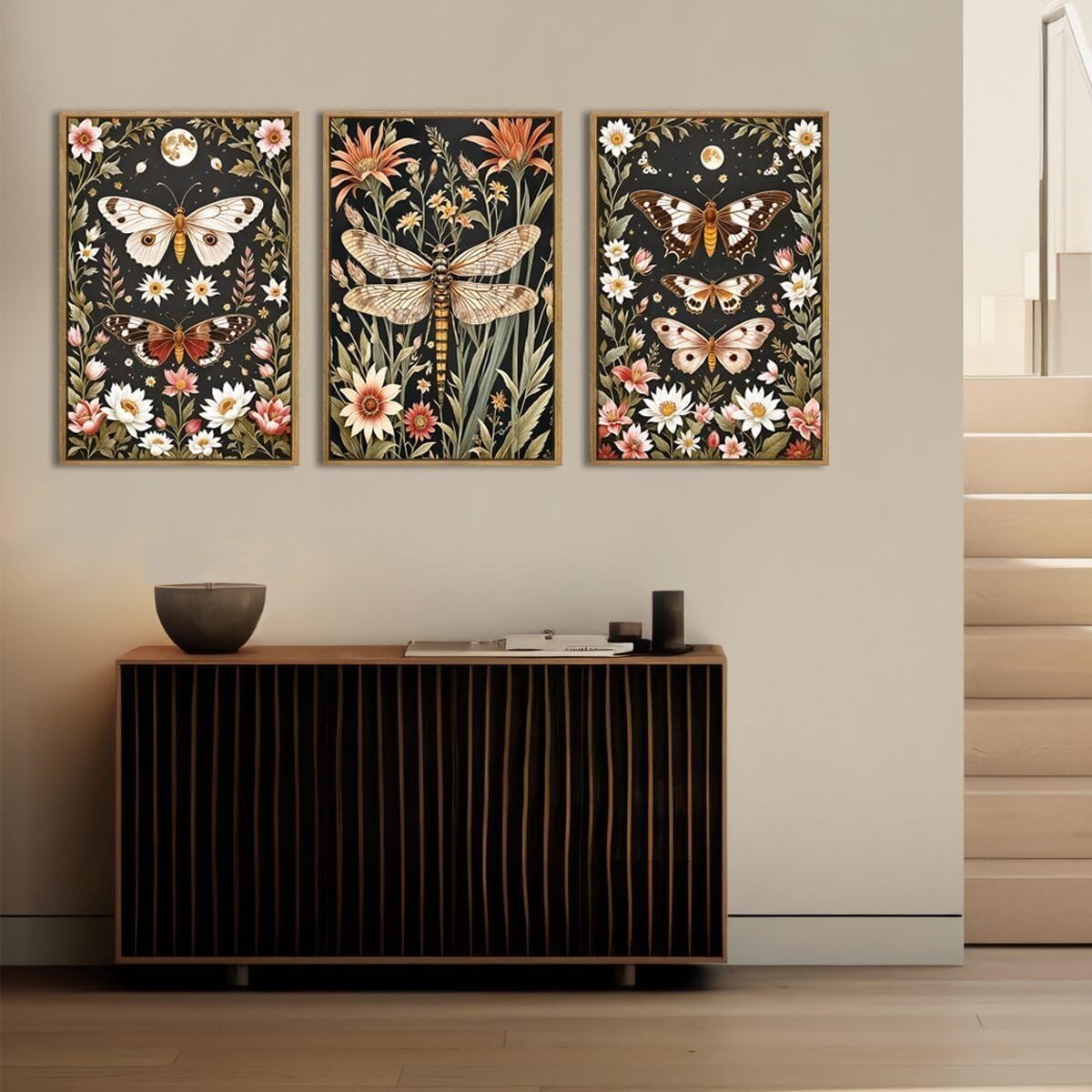 Vintage Botanical Butterfly Wall Art Set of 3 Framed 30x40cm - Kwikley