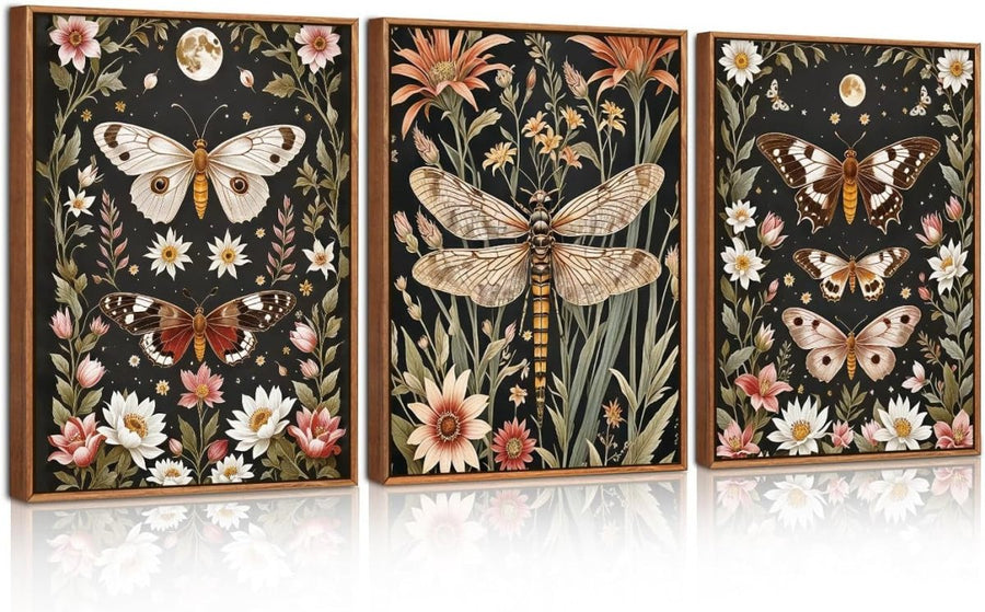 Vintage Botanical Butterfly Wall Art Set of 3 Framed 30x40cm - Kwikley