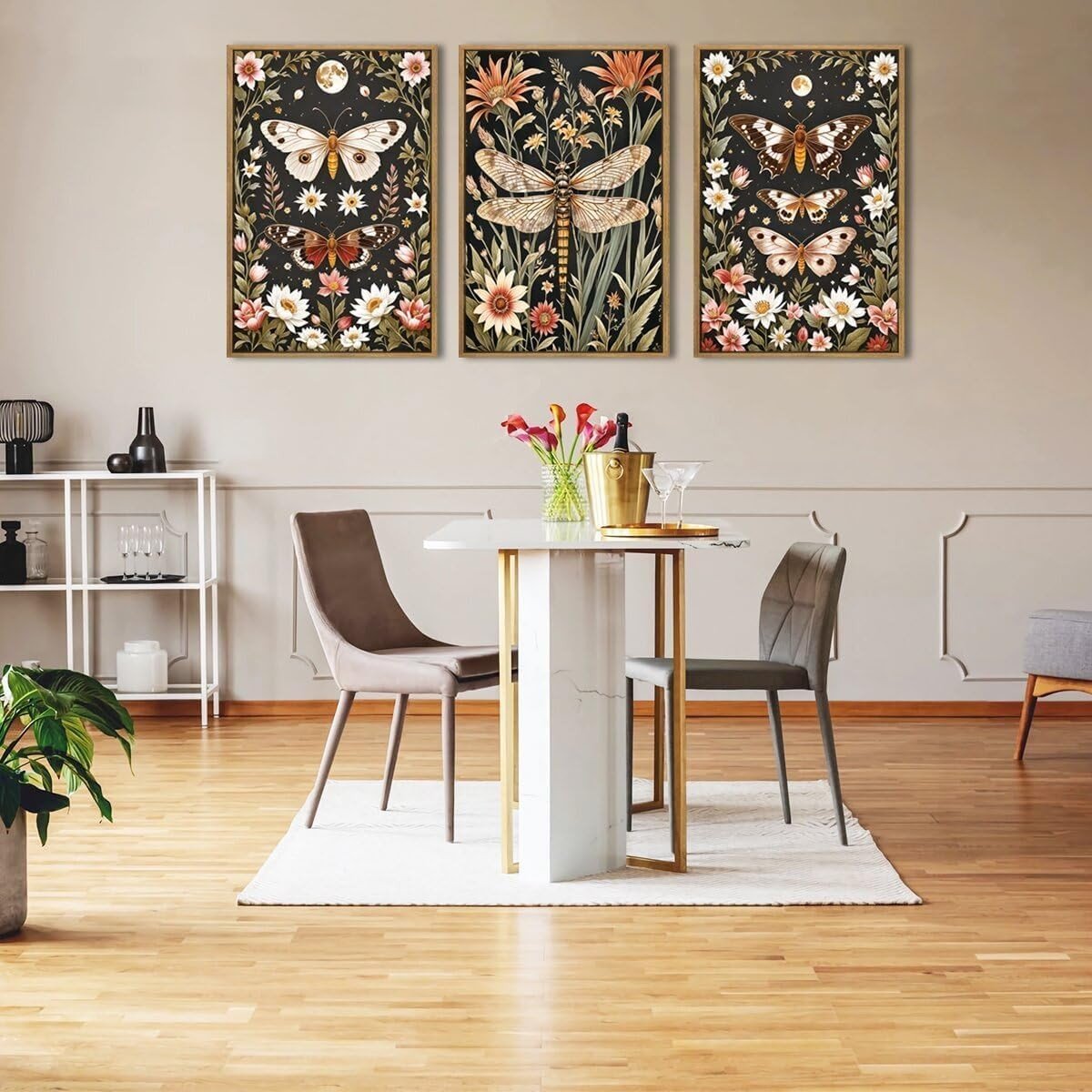 Vintage Botanical Butterfly Wall Art Set of 3 Framed 30x40cm - Kwikley