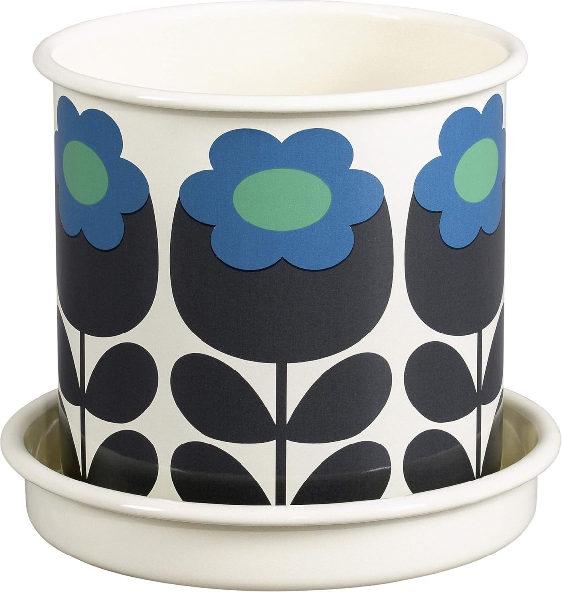 Vintage Enamel Plant Pot 13cm with Saucer Floral Indoor Planter - Kwikley