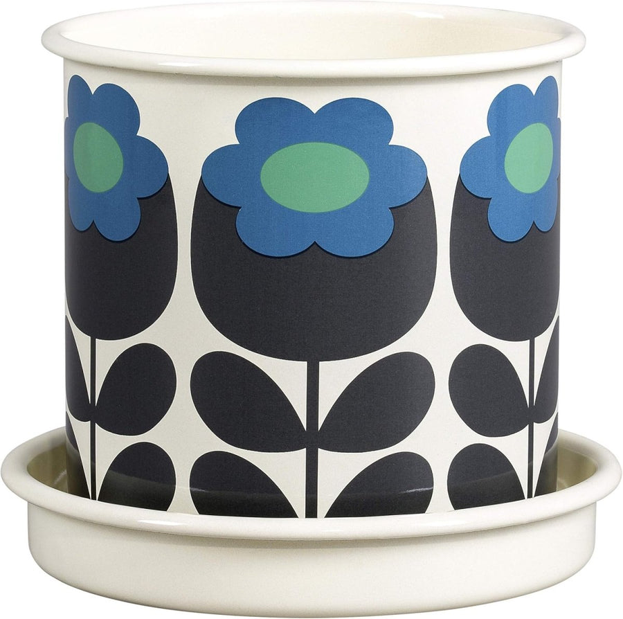 Vintage Enamel Plant Pot 13cm with Saucer Floral Indoor Planter - Kwikley