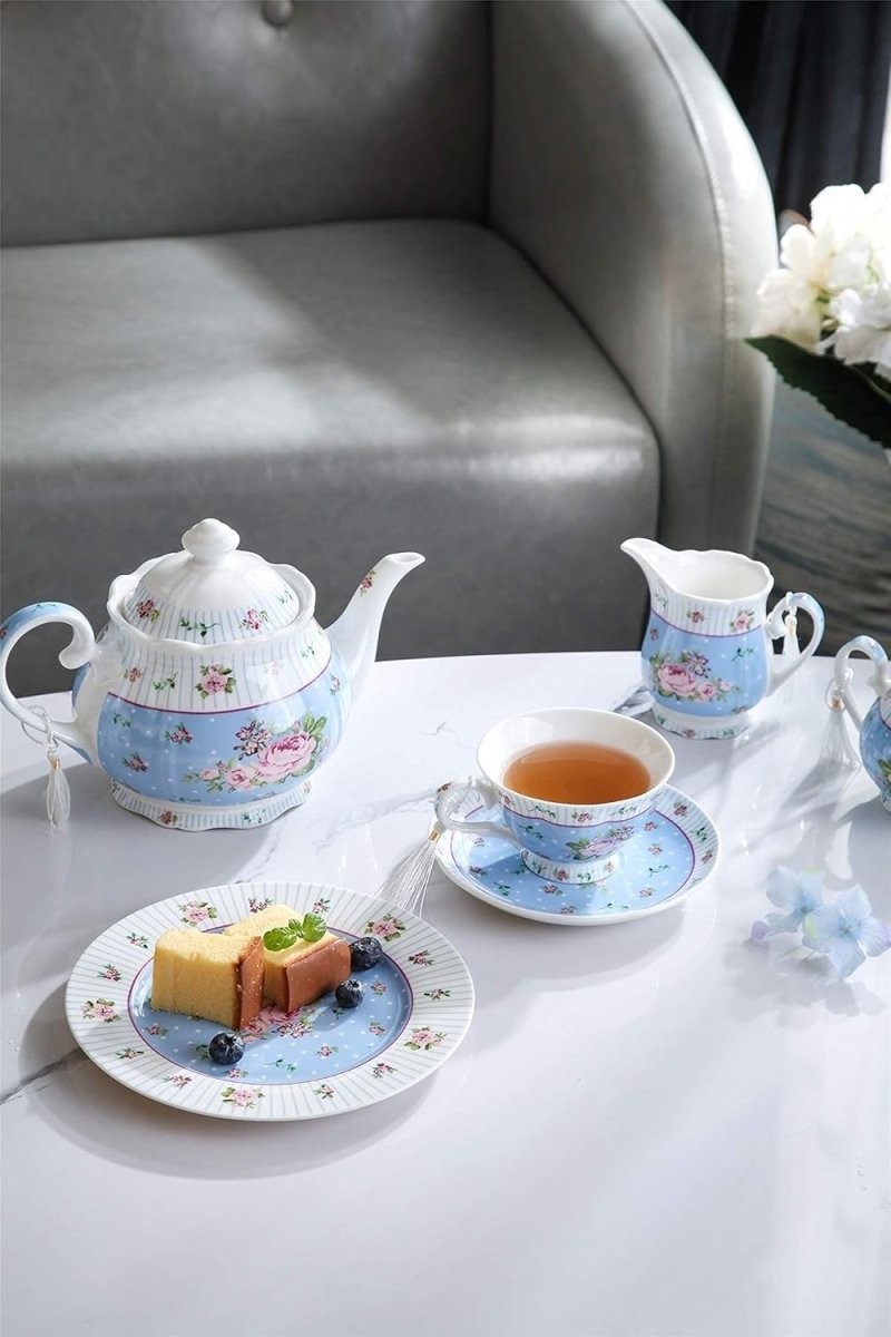 Vintage Floral Sugar Bowl & Cream Jug Set Porcelain Gift Box Blue - Kwikley
