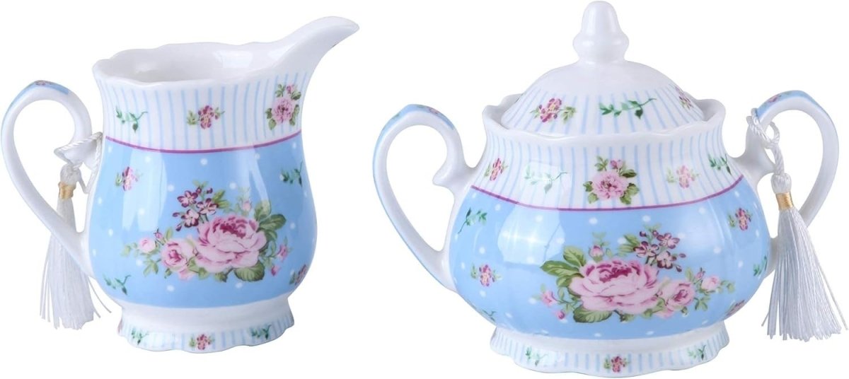 Vintage Floral Sugar Bowl & Cream Jug Set Porcelain Gift Box Blue - Kwikley