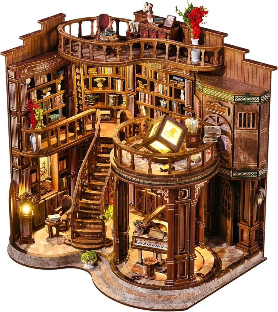 Vintage Library Book Nook Kit LED DIY Miniature House Wooden Puzzle Decor - Kwikley