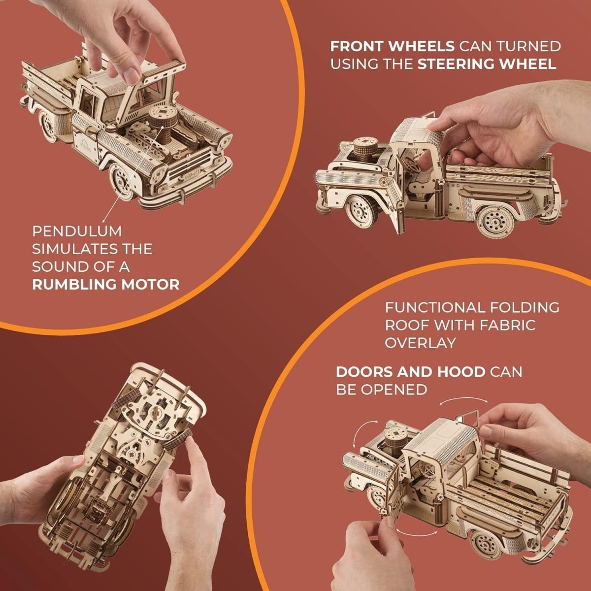 Vintage Pickup Truck 3D Wooden Puzzle V8 Engine DIY Mechanical Model Kit - Kwikley