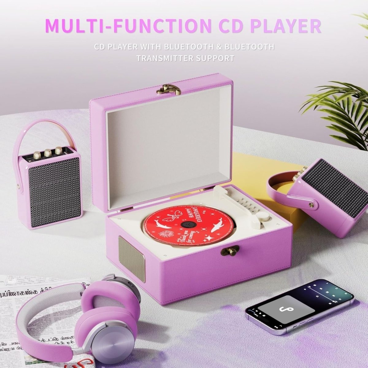 Vintage Purple Leather CD Player Bluetooth USB Rechargeable Speakers - Kwikley