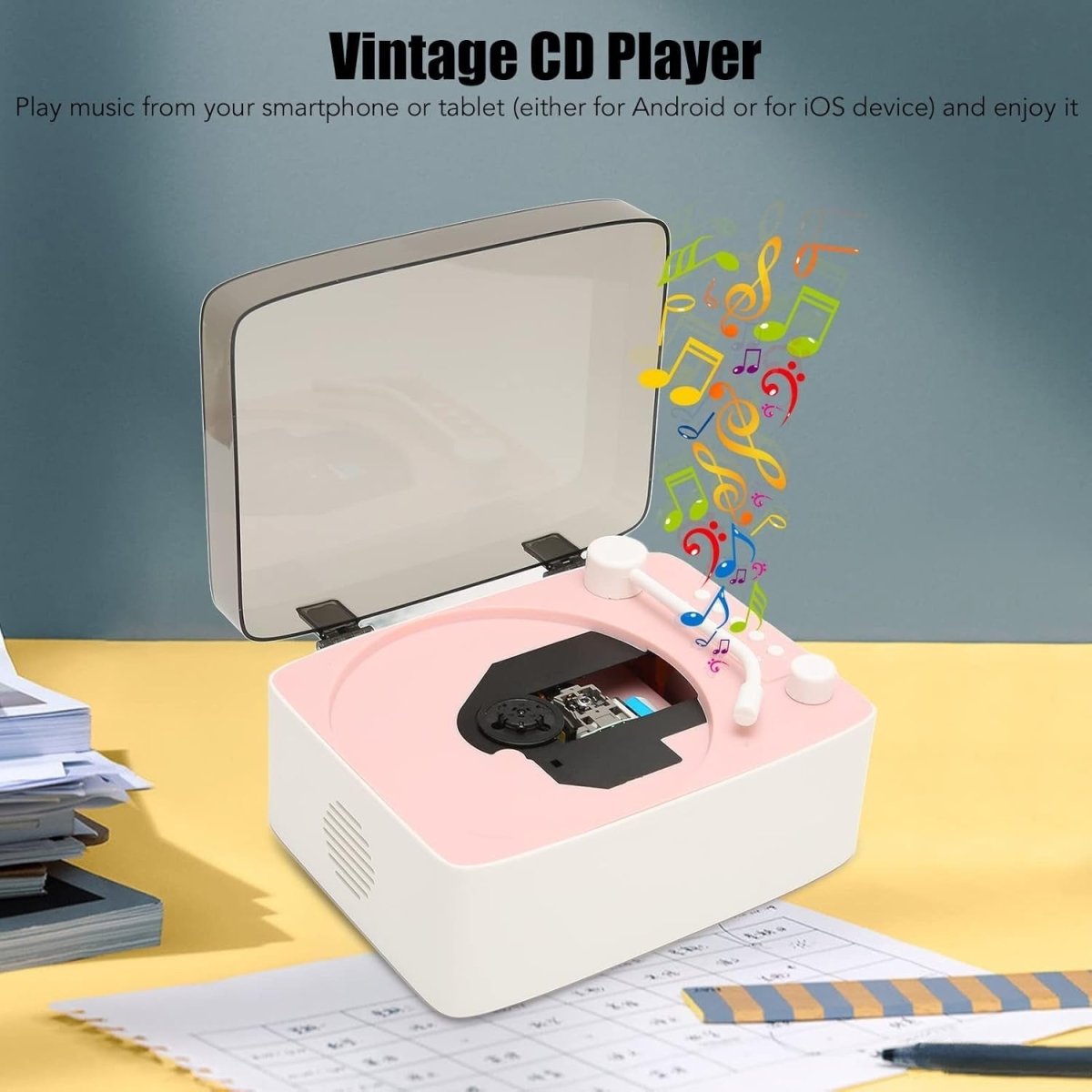 Vintage Retro CD Player HiFi Speakers Portable Bluetooth Style Pink - Kwikley