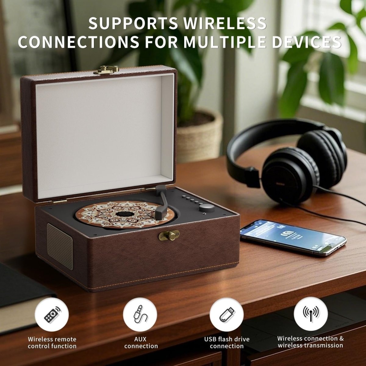 Vintage Style Portable Bluetooth CD Player Leather Look Retro Brown - Kwikley